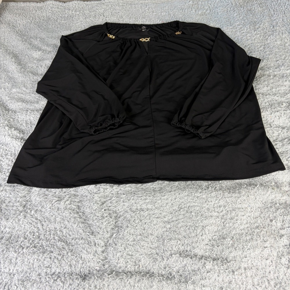 Carmen Marc Valvo Black Gold Chain Link Neck Blouse Long Sleeve Top Womens 2X - Picture 1 of 9